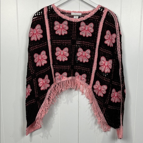 House of Harlow 1960 Poncho OS Pink Brown Floral Crochet & Fringe Open Knit NWT - Picture 1 of 11